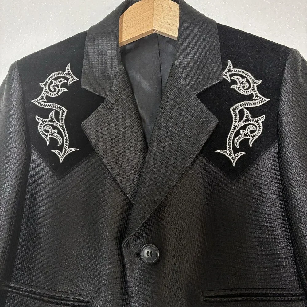 Buffalo Country Suit Jacket Boys 4 Black Western Cowboy Embroidered Velvet Yoke
